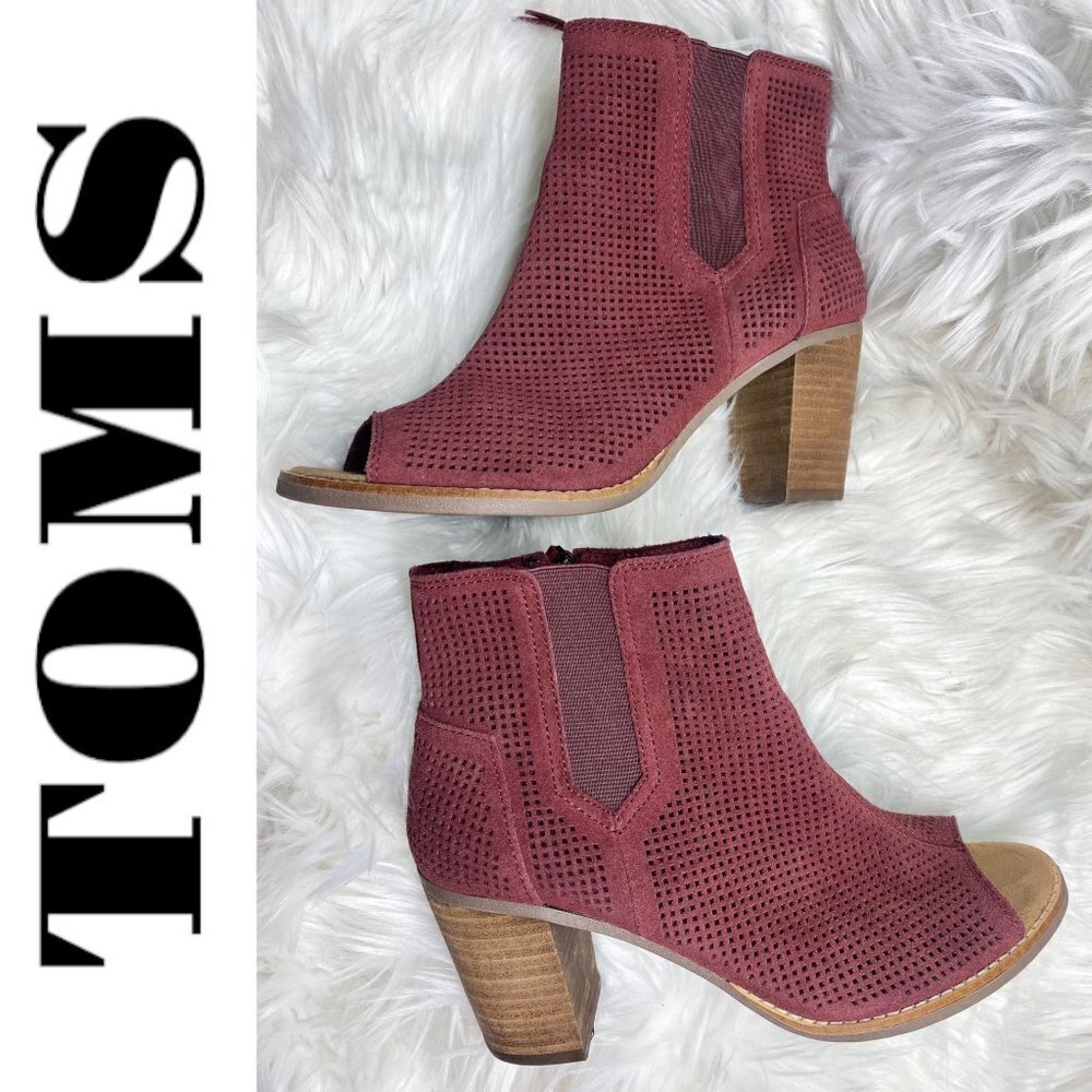 TOMS Majorca Peep Toe Burgundy Red Suede Perforated Ankle Bootie, Size‎ 8.5